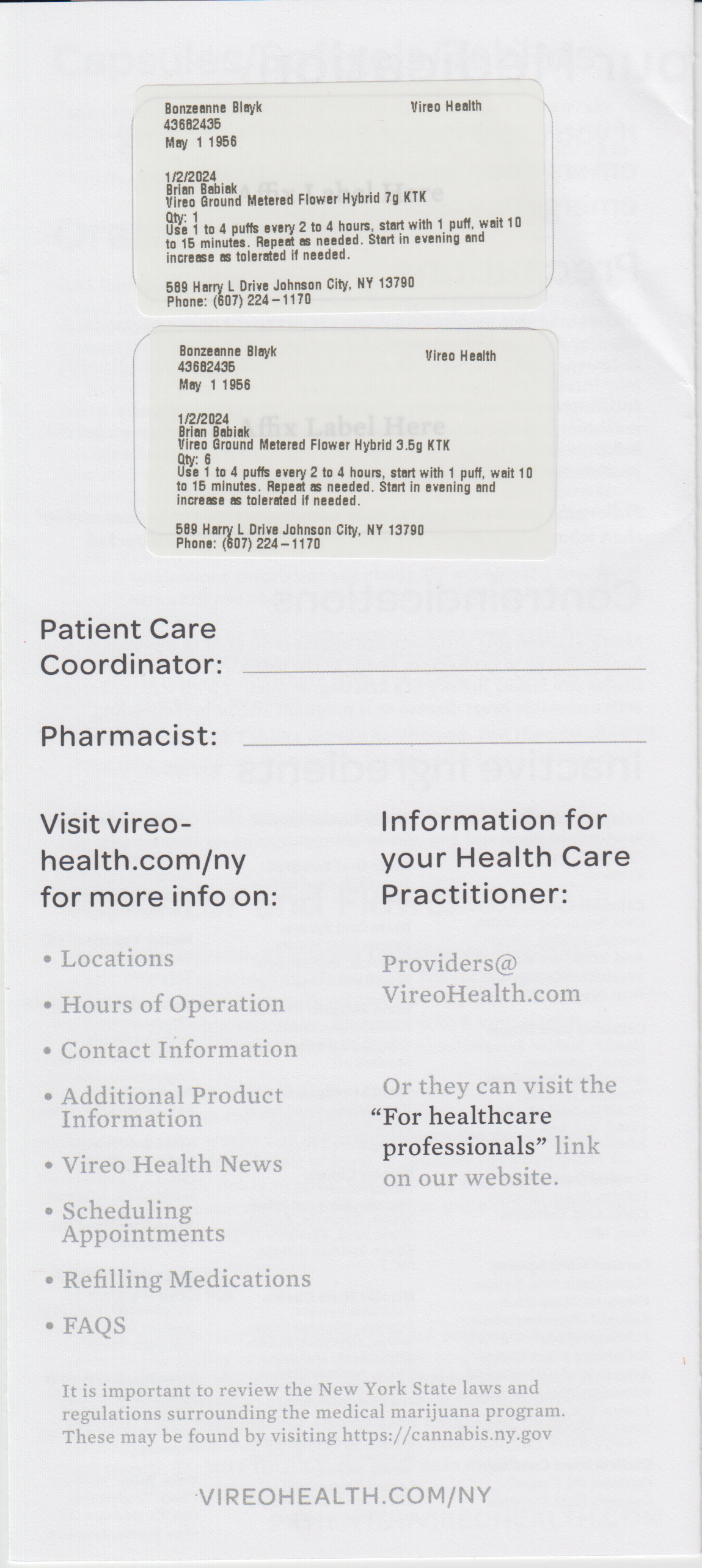 ./2024-01-03 - Vireo Health MMJ Purchase 27 - Vireo 6 x 3.5 gm KTK - 1 x 7 gm KTK - $141.00.png